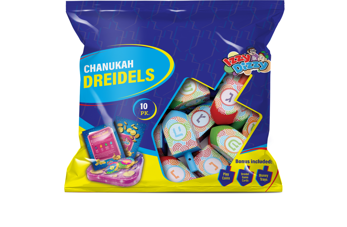 10PK. Multi Colored Pattern Print Wood Dreidels Medium Pack