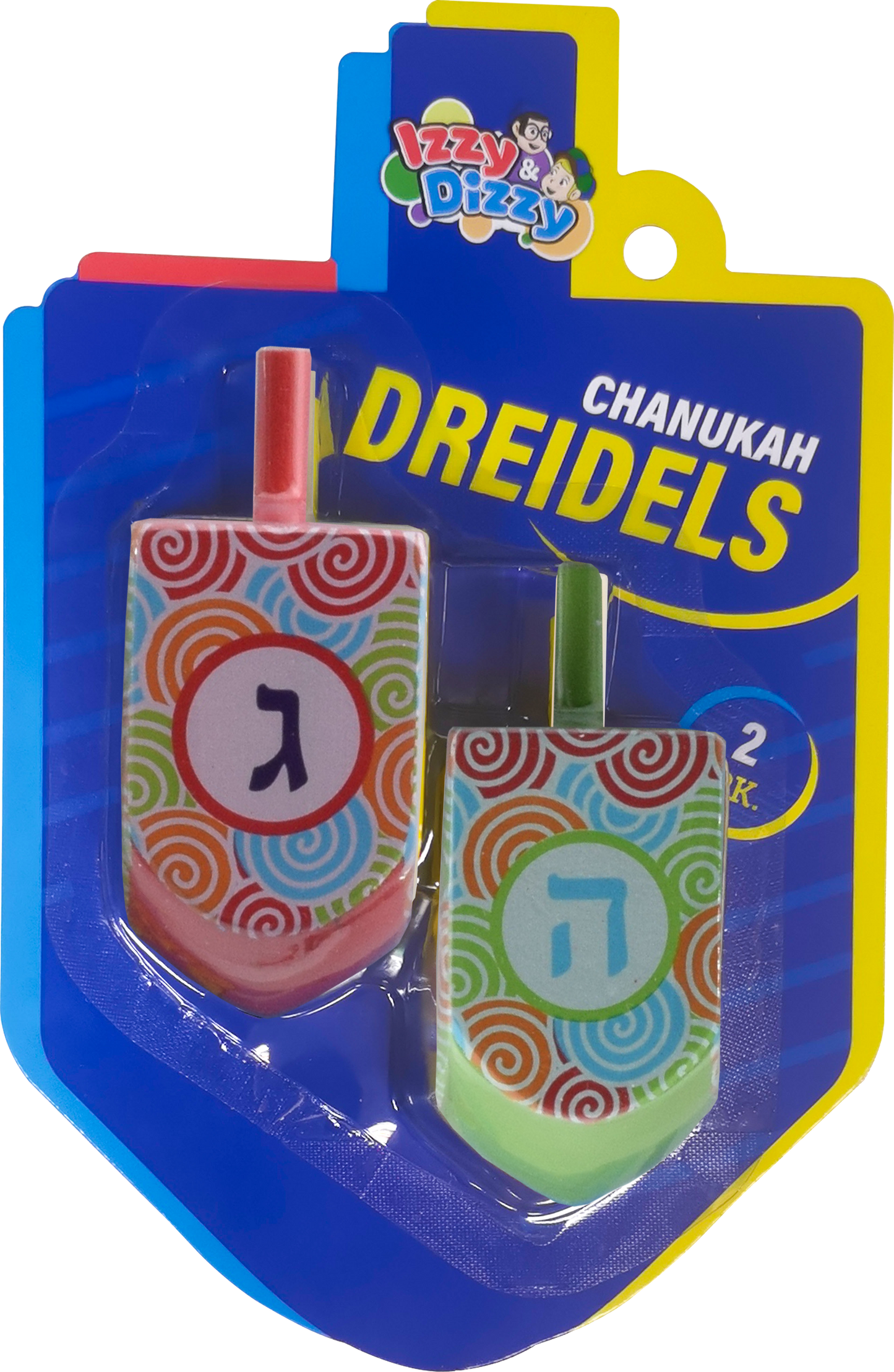2PK. Multi Colored Pattern Print Wood Dreidels Large