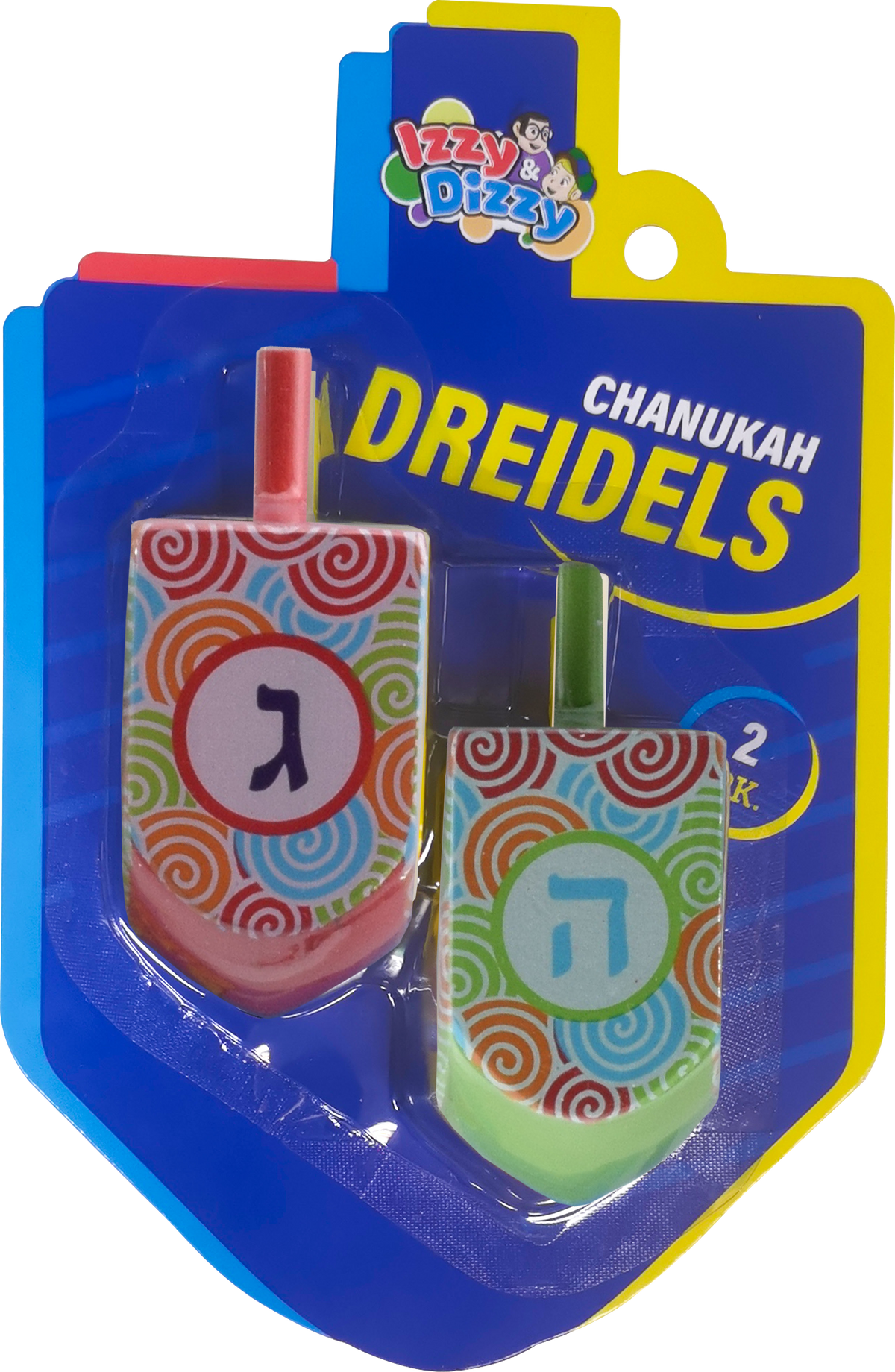 2PK. Multi Colored Pattern Print Wood Dreidels Large