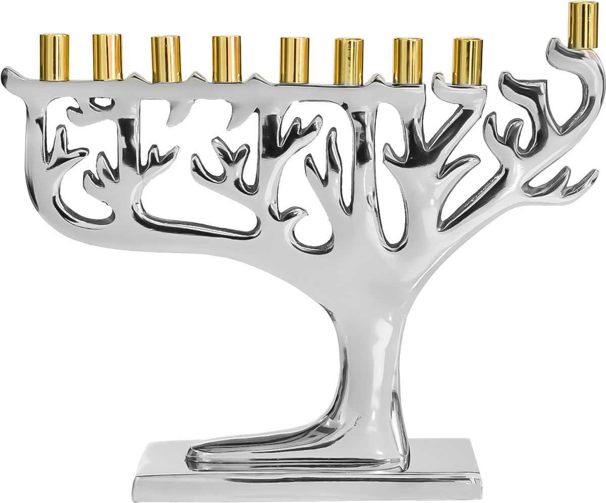 Silvertone Tree Of Life Menorah - Gold Tip