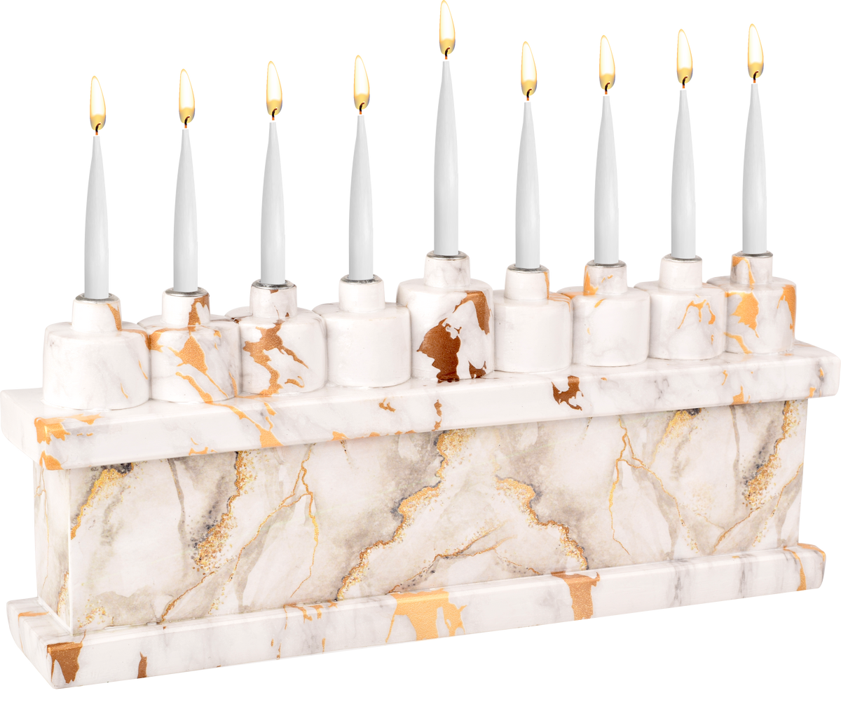 Hand Painted Resin Menorah - White Marbleized