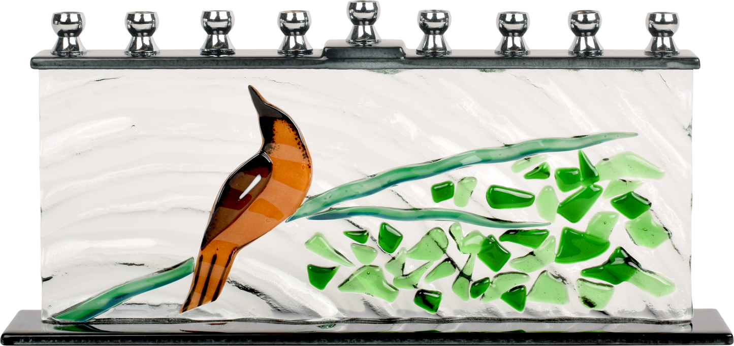 Hand Crafted Glass Menorah - Tree Of Life Singing Bird