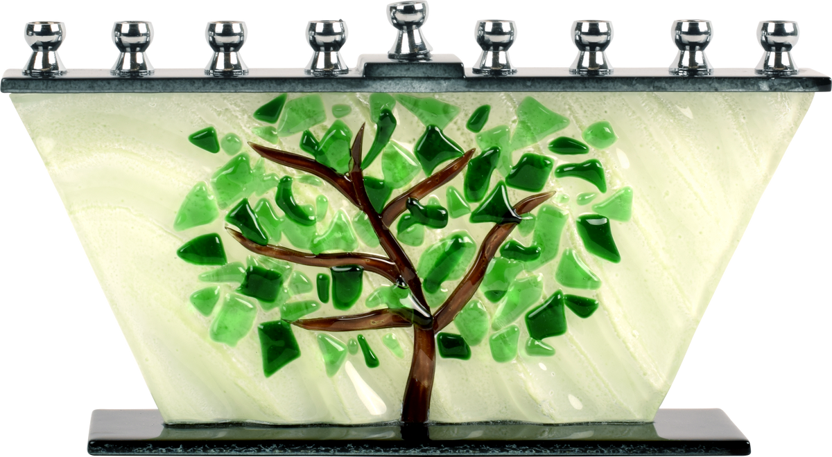 Hand Crafted Glass Menorah - Tree Of Life Shattered Leaves